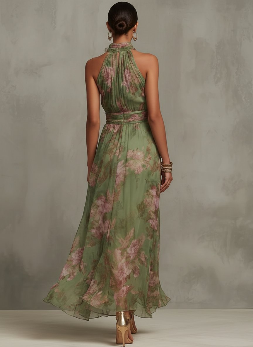 Damen Neckholder Chiffon Maxi Kleid mit Blumenmuster