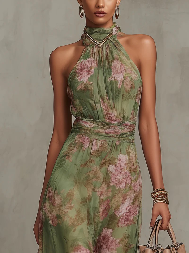 Damen Neckholder Chiffon Maxi Kleid mit Blumenmuster