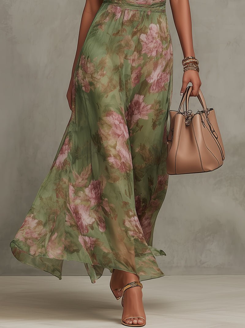 Damen Neckholder Chiffon Maxi Kleid mit Blumenmuster