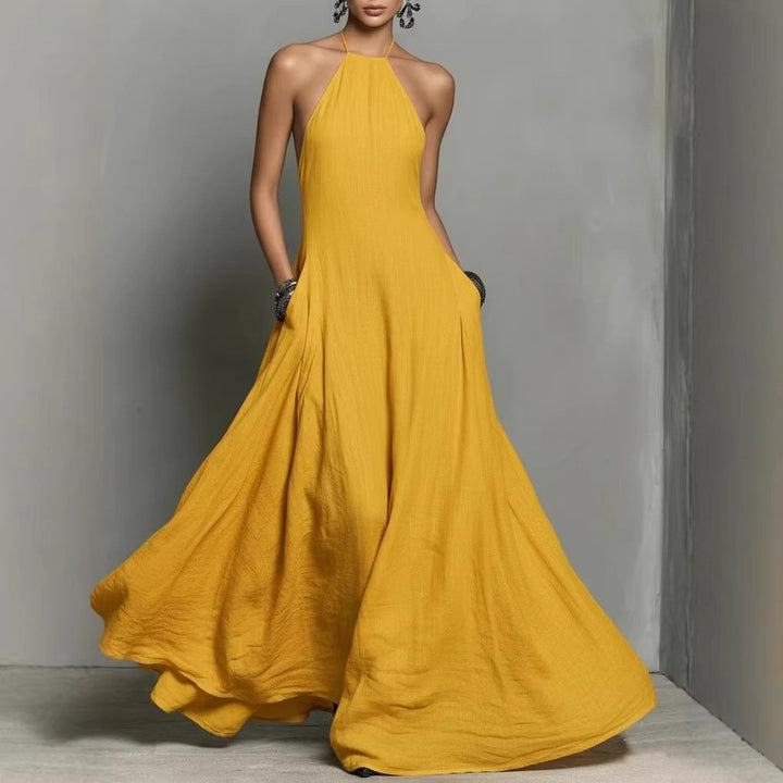 Damen Neckholder Leinen Maxi Kleid Ärmellos - Yellow