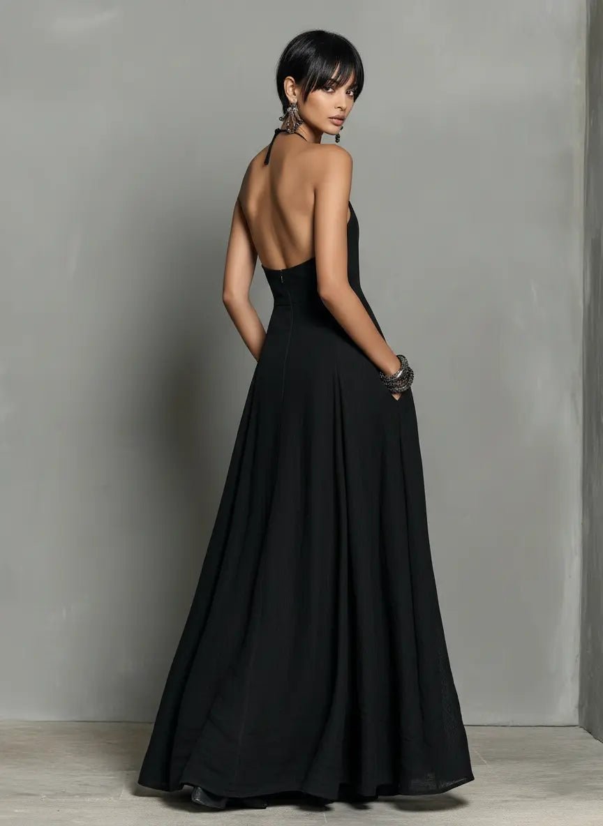 Damen Neckholder Leinen Maxi Kleid Ärmellos