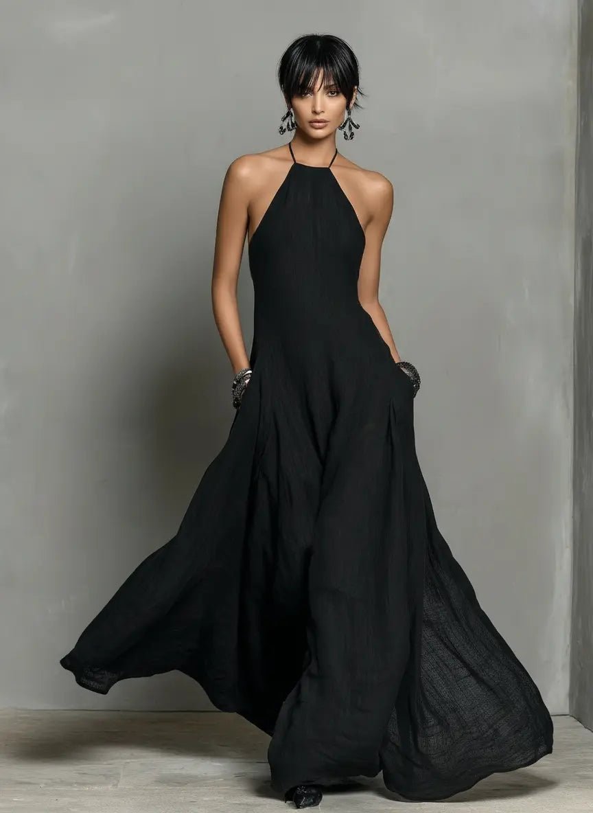 Damen Neckholder Leinen Maxi Kleid Ärmellos