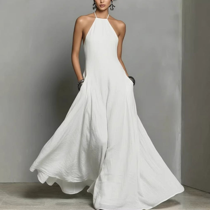 Damen Neckholder Leinen Maxi Kleid Ärmellos - White