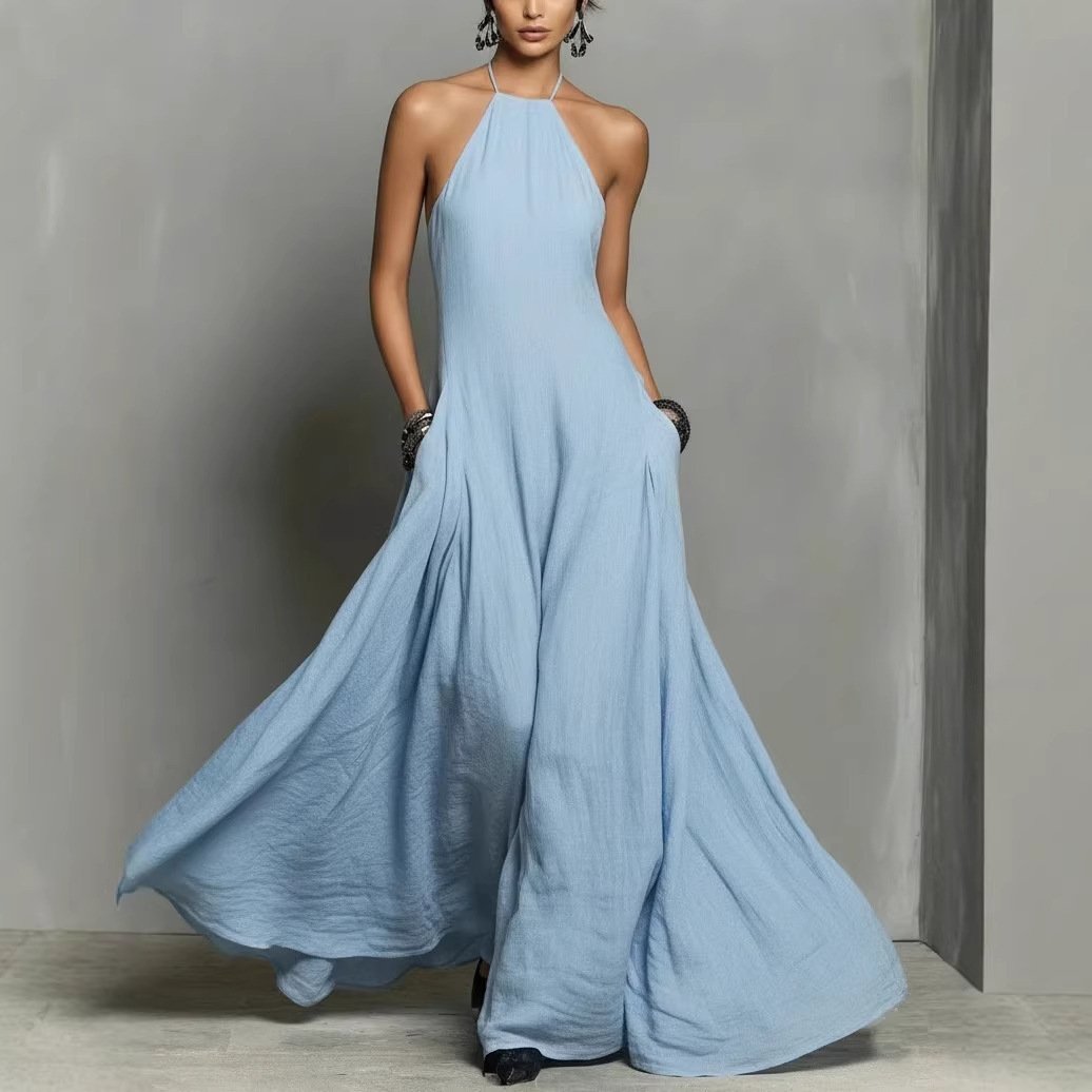Damen Neckholder Leinen Maxi Kleid Ärmellos - Light Blue