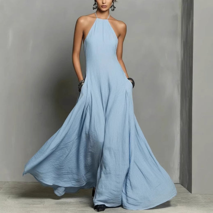 Damen Neckholder Leinen Maxi Kleid Ärmellos - Light Blue