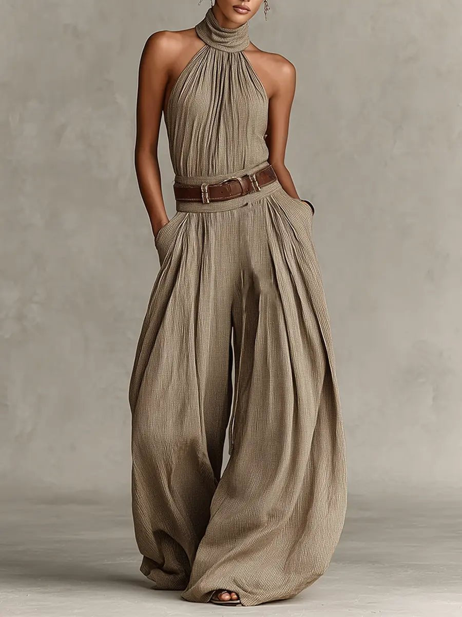 Damen Neckholder Weites Bein Jumpsuit Ärmellos - Taupe