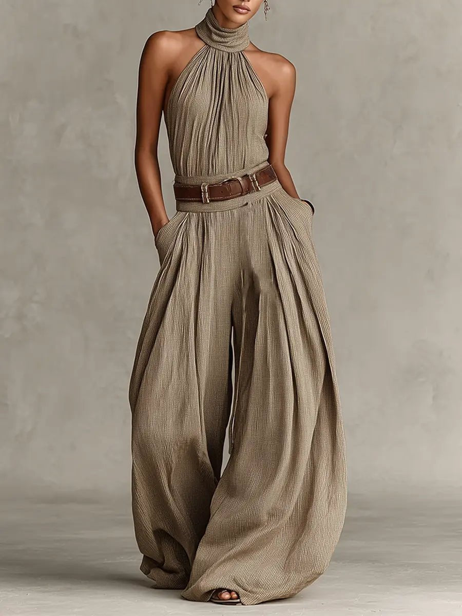 Damen Neckholder Weites-Bein Ärmelloser Jumpsuit mit Gürtel - Taupe