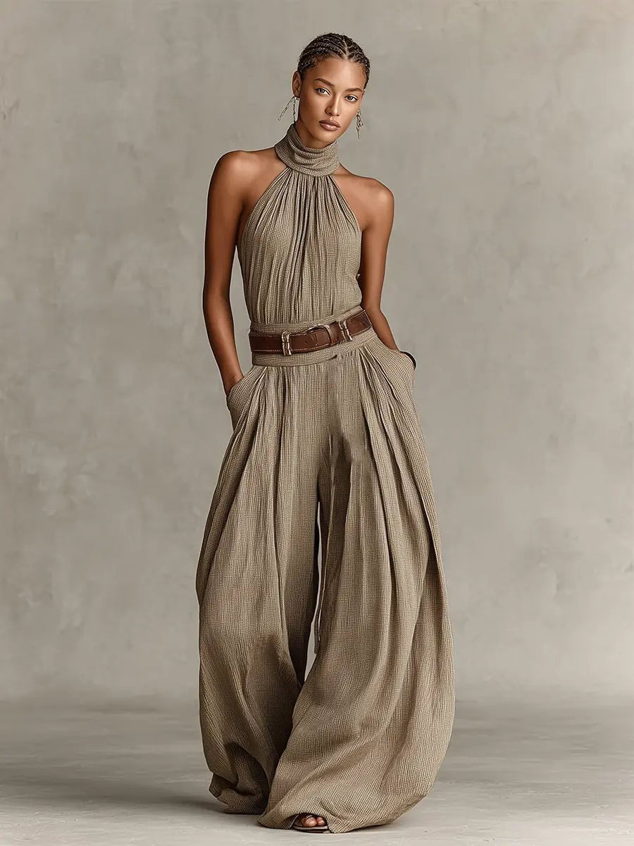 Damen Neckholder Weites-Bein Ärmelloser Jumpsuit mit Gürtel