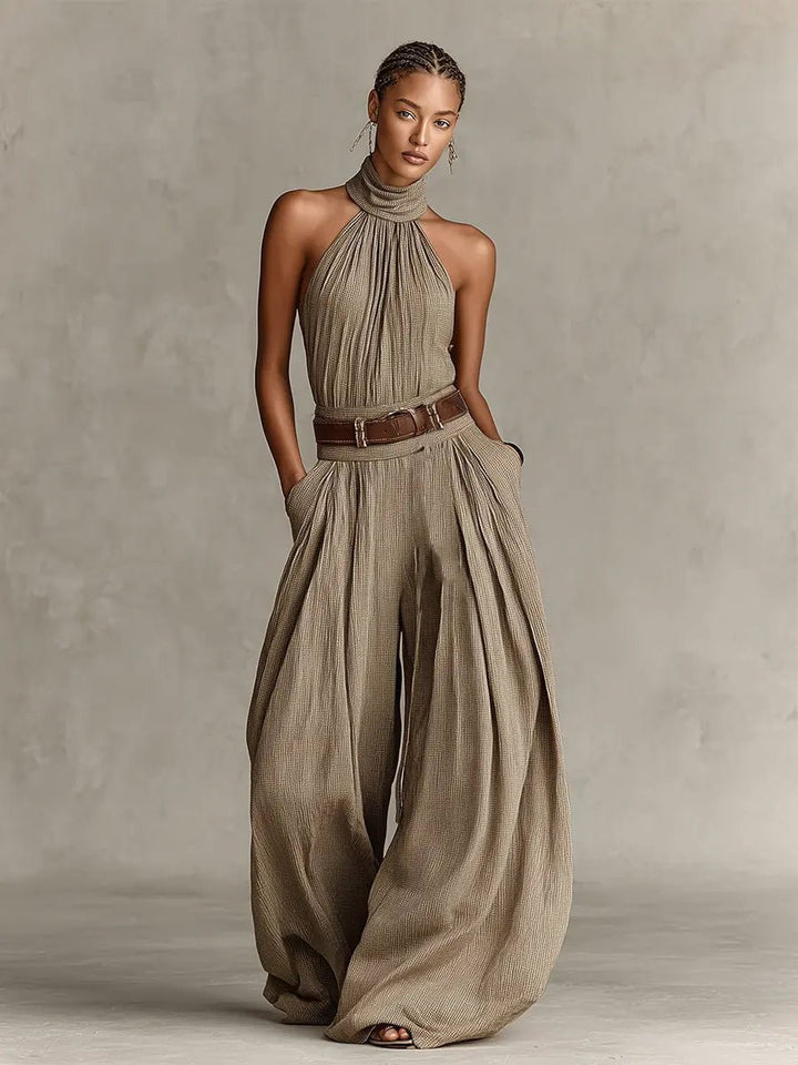 Damen Neckholder Weites-Bein Ärmelloser Jumpsuit mit Gürtel