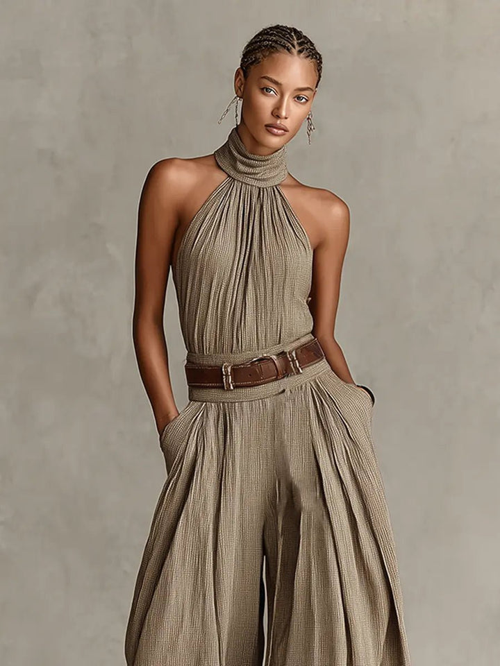 Damen Neckholder Weites-Bein Ärmelloser Jumpsuit mit Gürtel