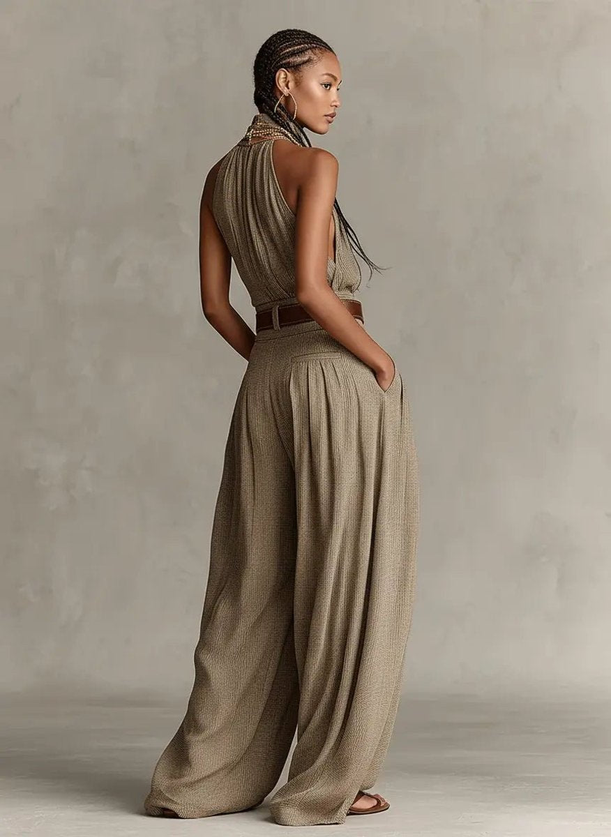 Damen Neckholder Weites-Bein Ärmelloser Jumpsuit mit Gürtel