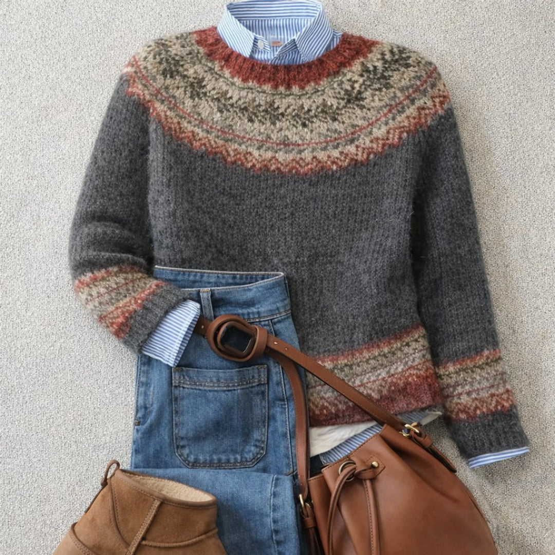 Damen Nordischer Strick Sweater mit Relaxed Silhouette - Gray