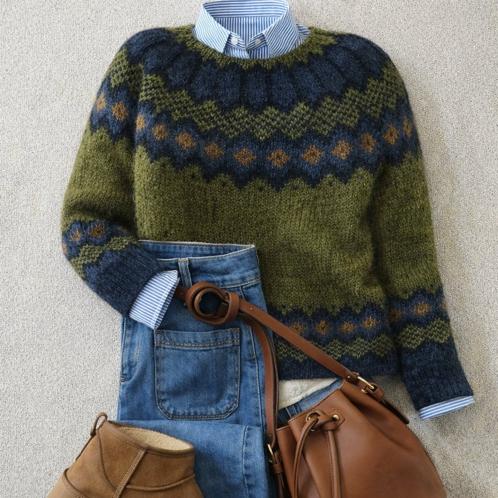 Damen Nordischer Strickpullover mit Fair-Isle-Muster Relaxed Fit - Green
