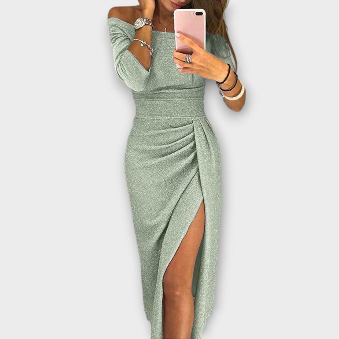 Damen Off-Shoulder Cocktail Party Dress figurbetontes Midi-Kleid mit Schlitz - Minze