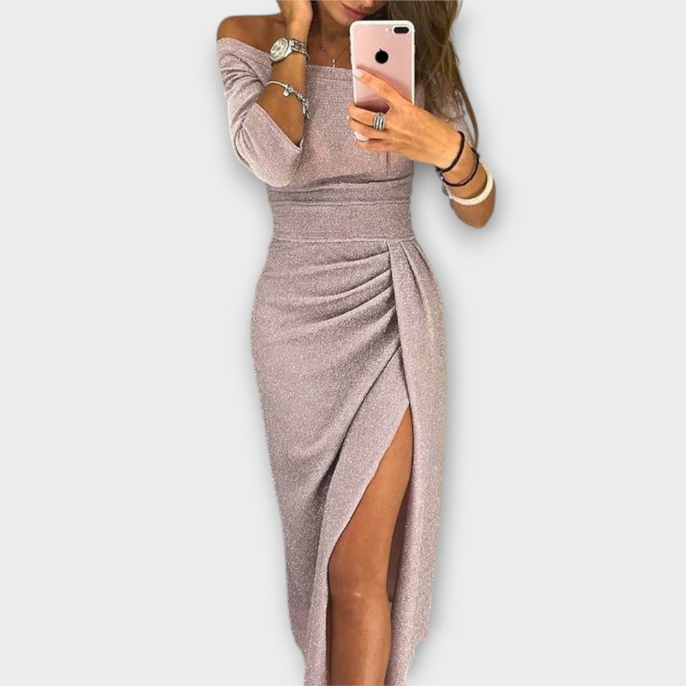 Damen Off-Shoulder Cocktail Party Dress figurbetontes Midi-Kleid mit Schlitz - Helllila