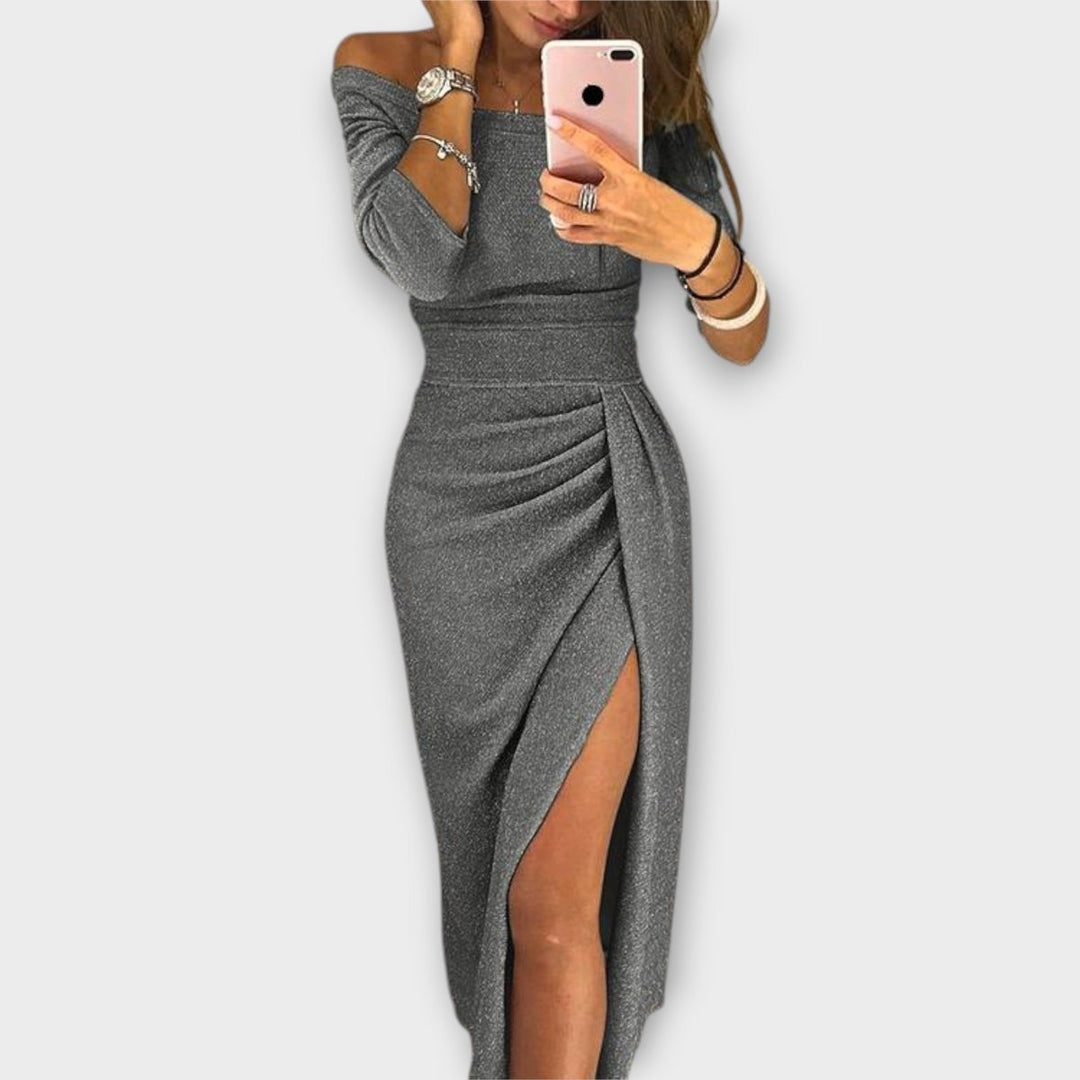 Damen Off-Shoulder Cocktail Party Dress figurbetontes Midi-Kleid mit Schlitz - Grau