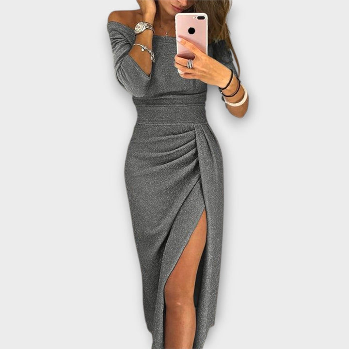 Damen Off-Shoulder Cocktail Party Dress figurbetontes Midi-Kleid mit Schlitz - Grau
