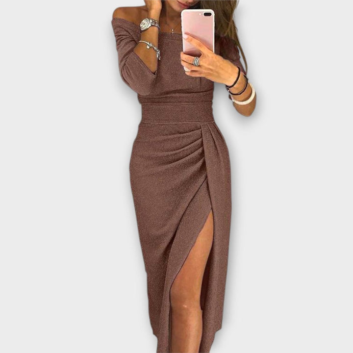 Damen Off-Shoulder Cocktail Party Dress figurbetontes Midi-Kleid mit Schlitz - Braun