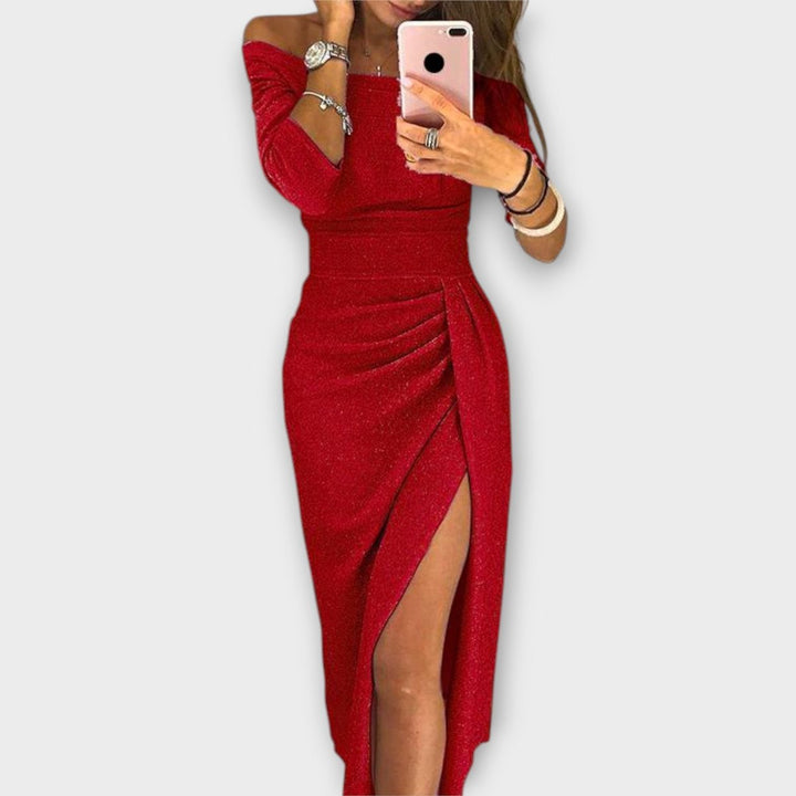 Damen Off-Shoulder Cocktail Party Dress figurbetontes Midi-Kleid mit Schlitz - Rot