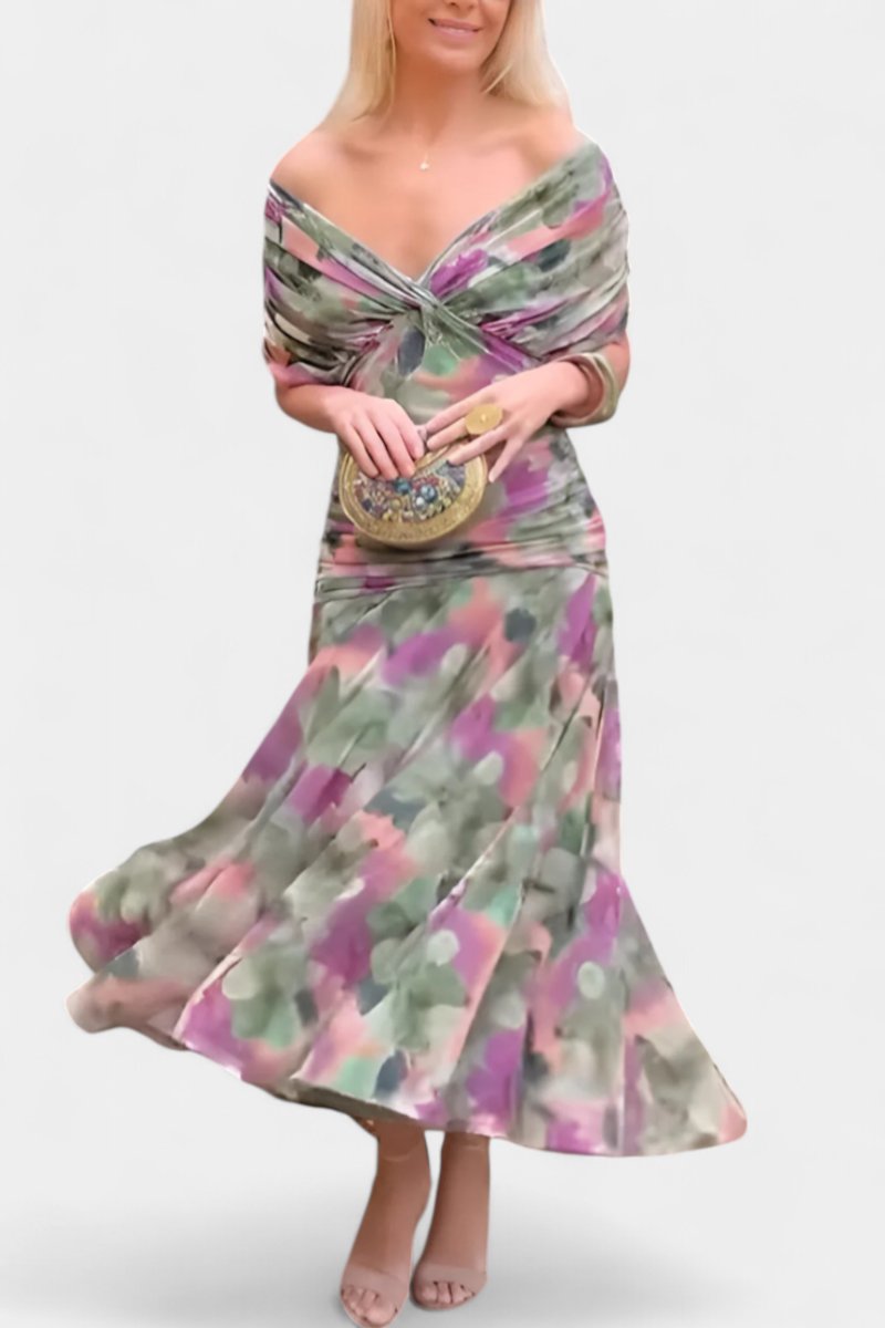 Damen Off-Shoulder Cocktailparty-Kleid figurbetontes Maxi-Abendkleid - Mehrfarbig