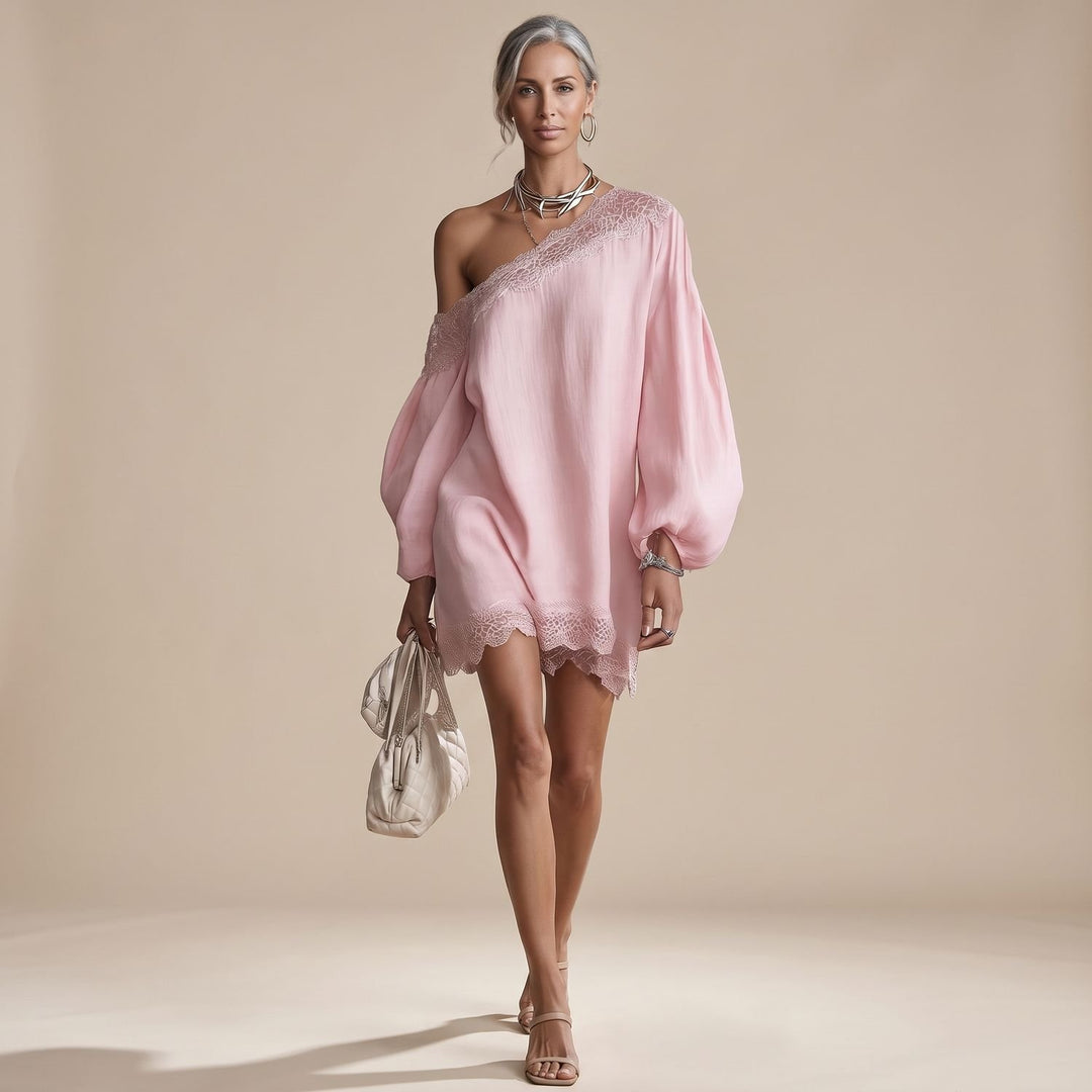 Damen Off-Shoulder Mini Spitzenkleid mit Puffärmeln - Altrosa