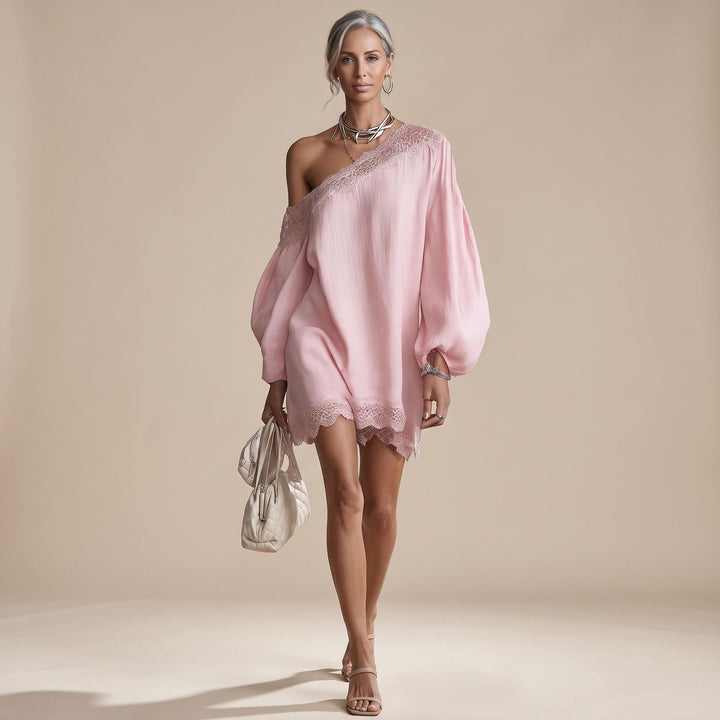 Damen Off-Shoulder Mini Spitzenkleid mit Puffärmeln - Altrosa