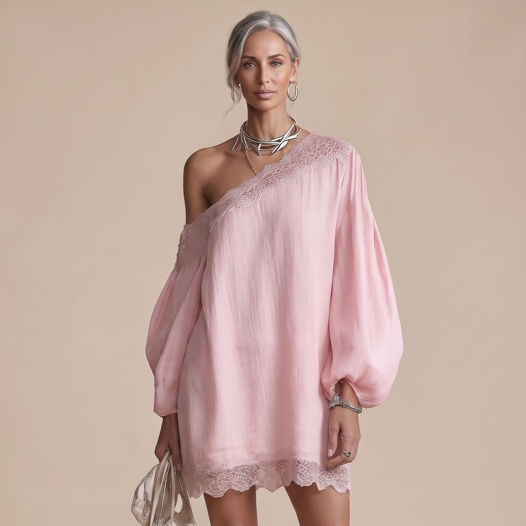 Damen Off-Shoulder Mini Spitzenkleid mit Puffärmeln