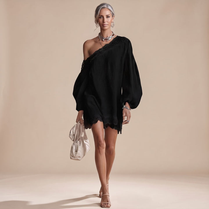 Damen Off-Shoulder Mini Spitzenkleid mit Puffärmeln - Schwarz