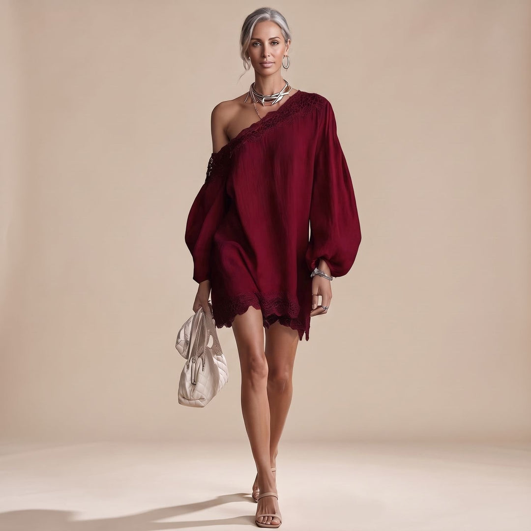 Damen Off-Shoulder Mini Spitzenkleid mit Puffärmeln - Burgunderrot