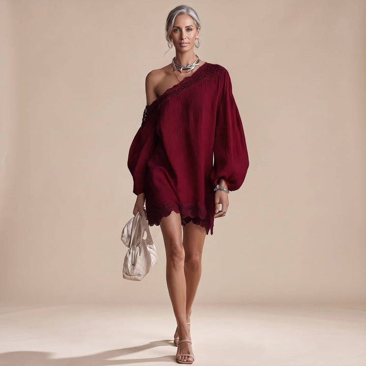 Damen Off-Shoulder Mini Spitzenkleid mit Puffärmeln - Burgunderrot