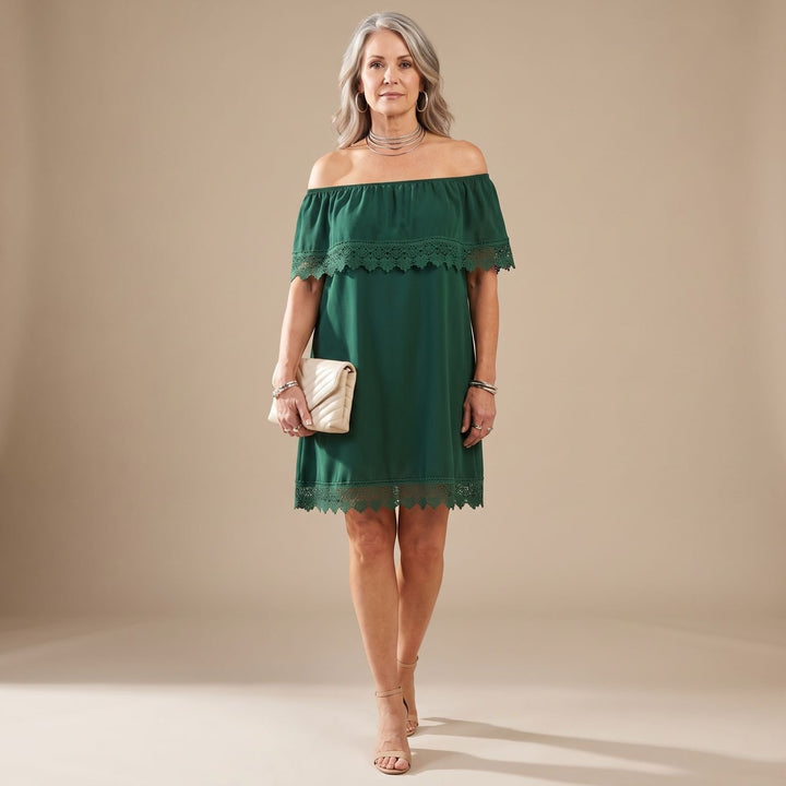 Damen Off-Shoulder Mini Spitzenkleid mit Puffärmeln - Olivgrün