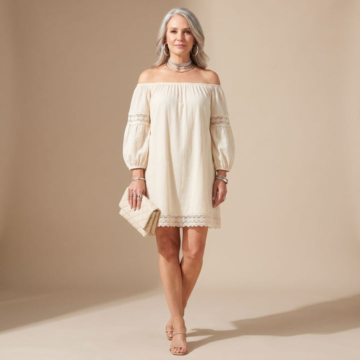 Damen Off-Shoulder Mini Spitzenkleid mit Puffärmeln - Weiß