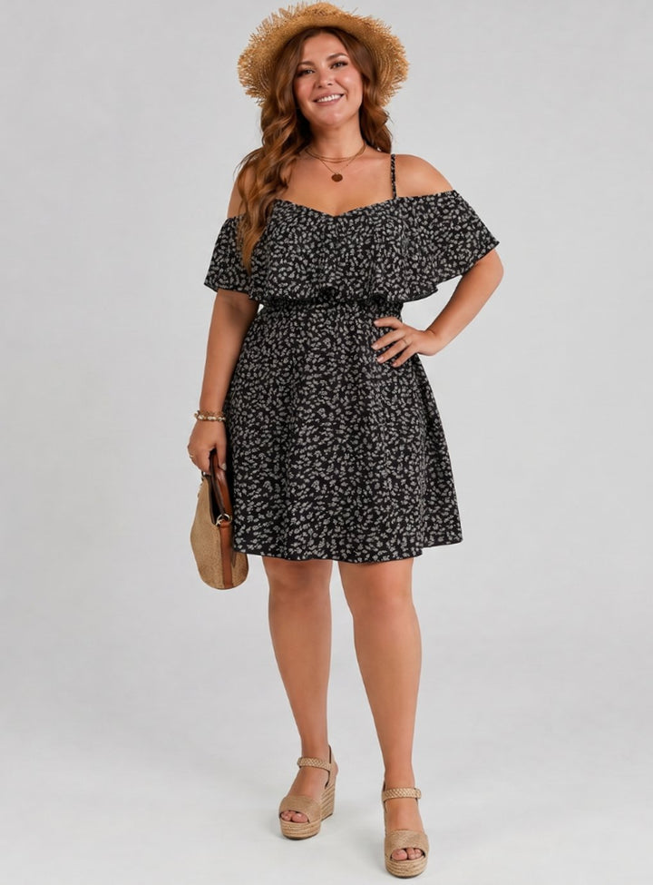 Damen Off-Shoulder Rüschen Sommerkleid mit Blumenmuster knielang - Blumenmuster