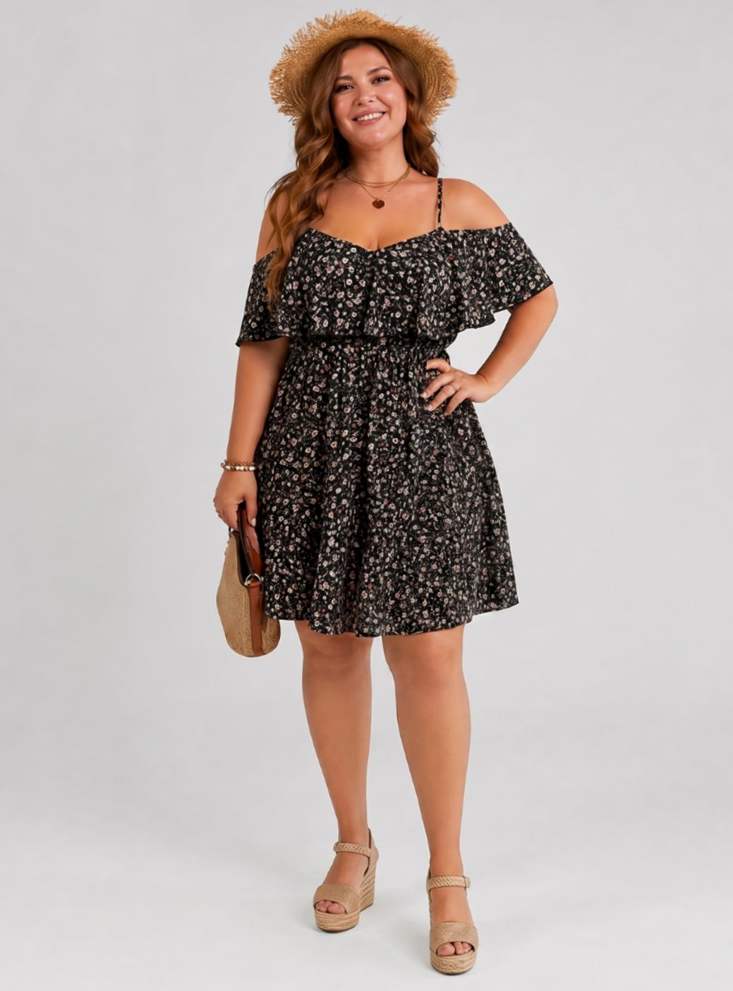 Damen Off-Shoulder Rüschen Sommerkleid mit Blumenmuster knielang