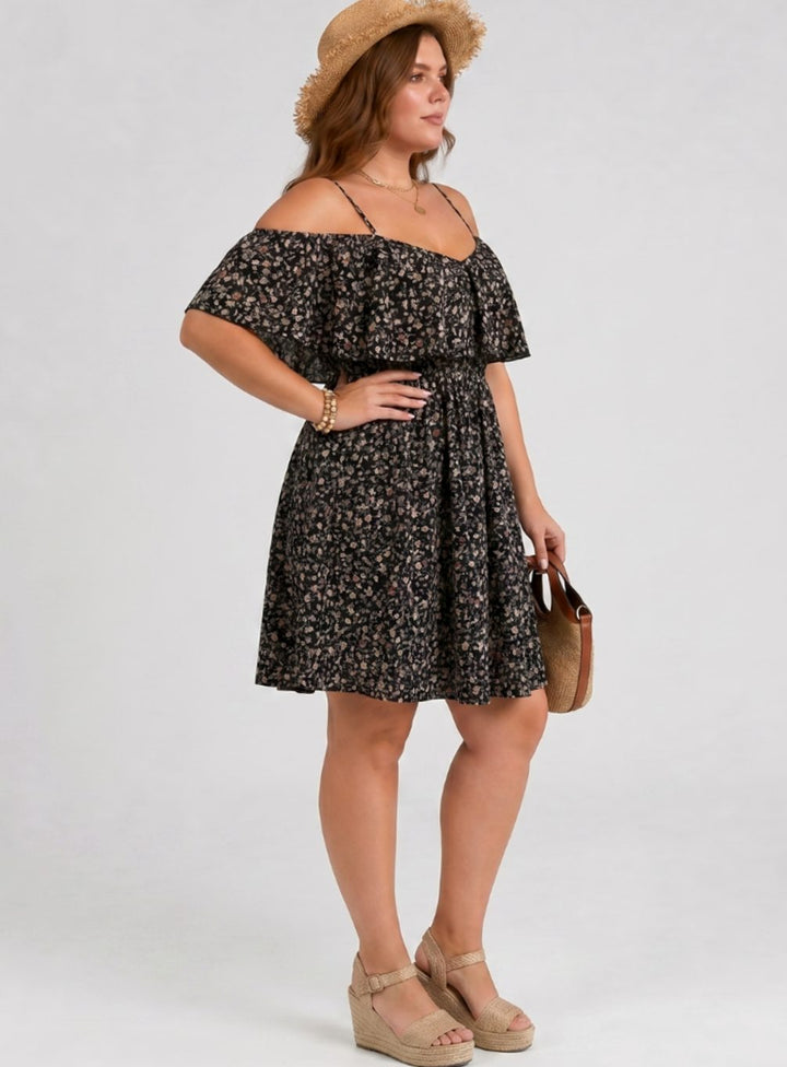 Damen Off-Shoulder Rüschen Sommerkleid mit Blumenmuster knielang