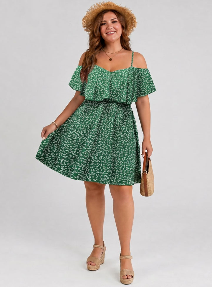 Damen Off-Shoulder Rüschen Sommerkleid mit Blumenmuster knielang