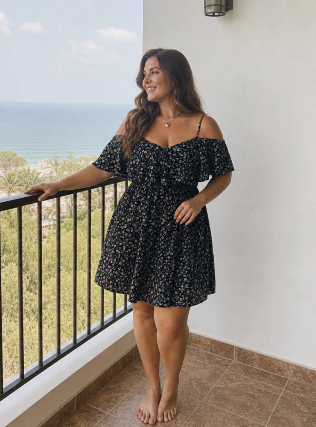 Damen Off-Shoulder Rüschen Sommerkleid mit Blumenmuster knielang