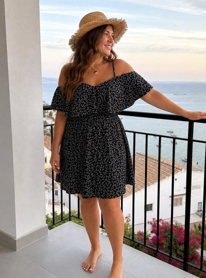 Damen Off-Shoulder Rüschen Sommerkleid mit Blumenmuster knielang