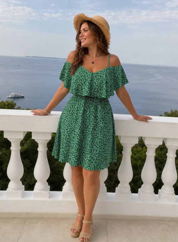 Damen Off-Shoulder Rüschen Sommerkleid mit Blumenmuster knielang