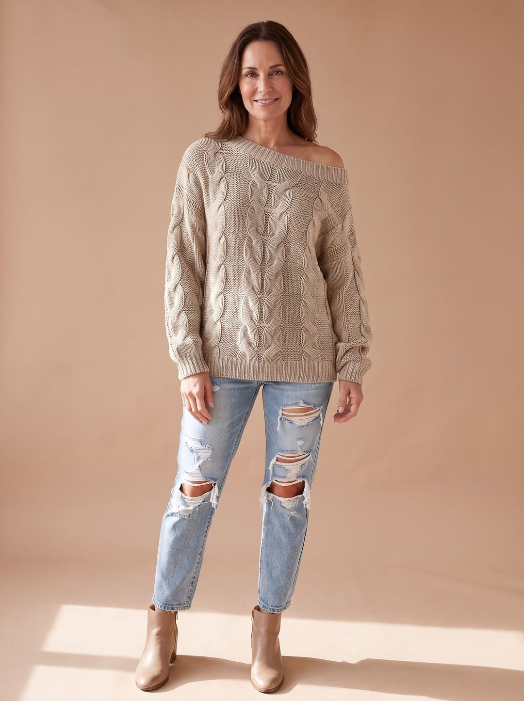 Damen Off-Shoulder Zopfmuster Strickpullover Relaxed Fit - Khaki