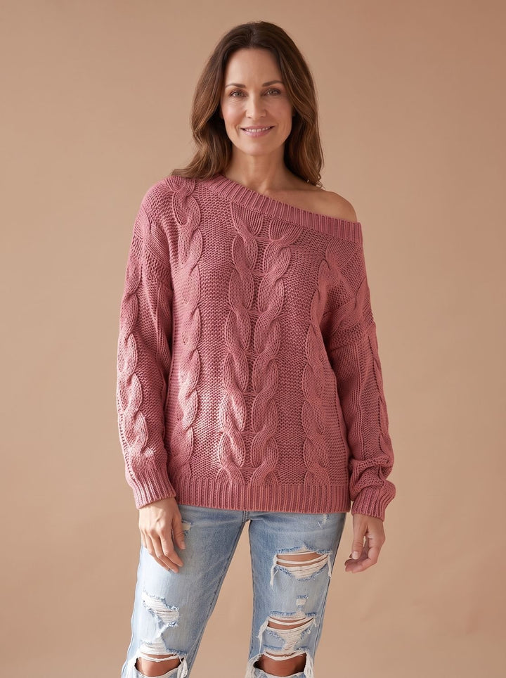 Damen Off-Shoulder Zopfmuster Strickpullover Relaxed Fit - Hellrot