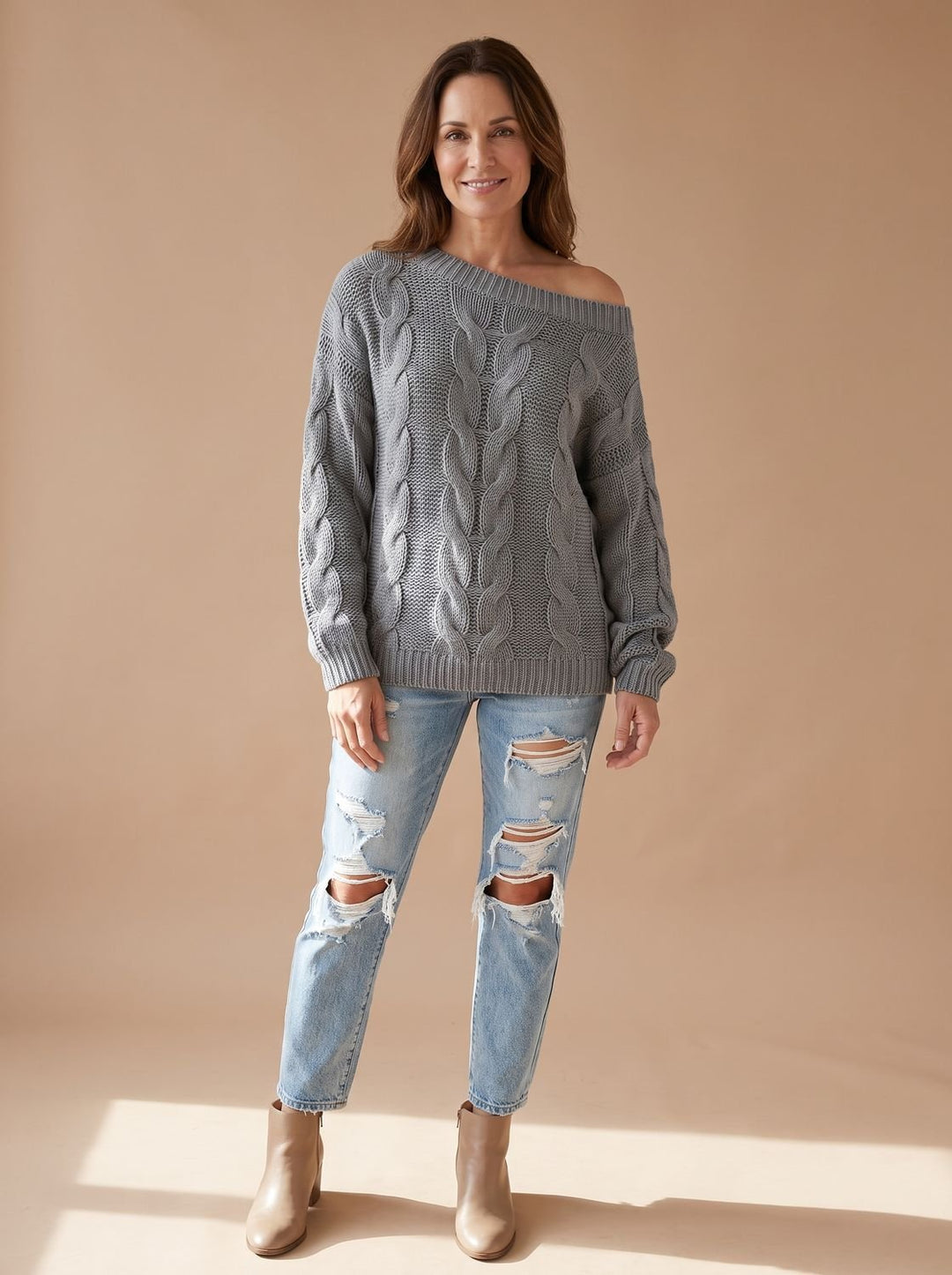 Damen Off-Shoulder Zopfmuster Strickpullover Relaxed Fit - Grau
