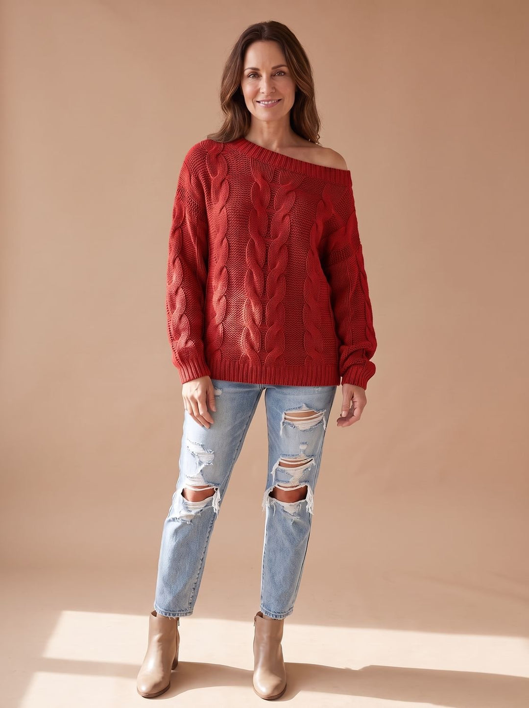 Damen Off-Shoulder Zopfmuster Strickpullover Relaxed Fit - Rot