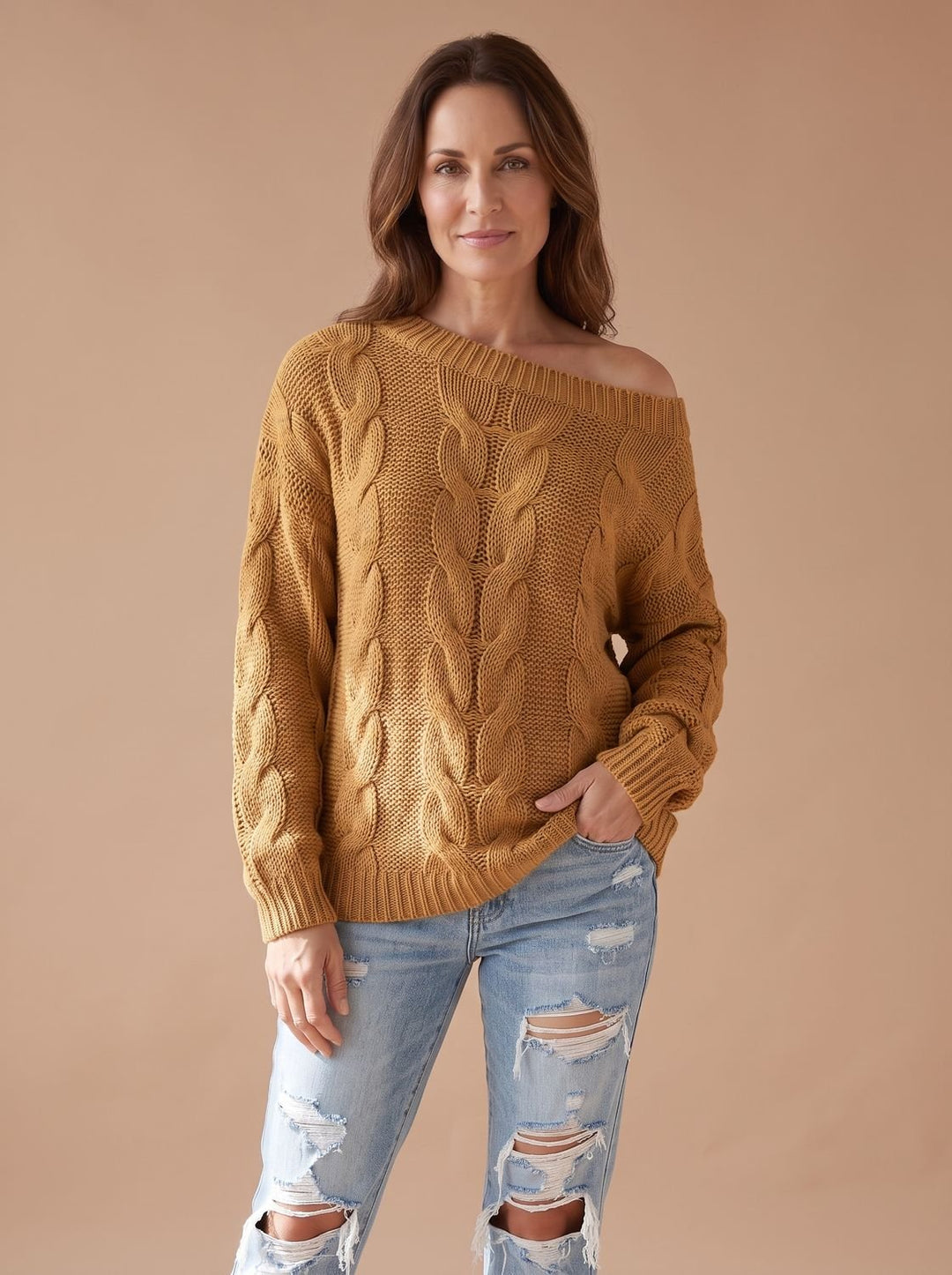 Damen Off-Shoulder Zopfmuster Strickpullover Relaxed Fit - Gelb