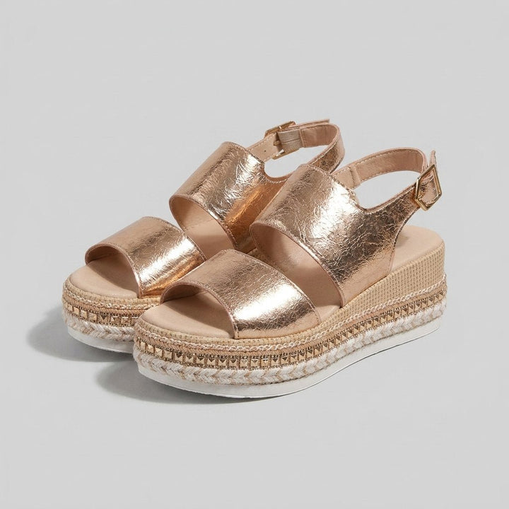 Damen Offene Plateau-Espadrille-Sandalen mit Knöchelriemen - GOLD