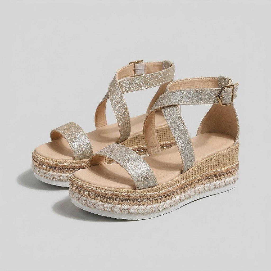 Damen Offene Plateau-Espadrille-Sandalen mit Knöchelriemen - Silver