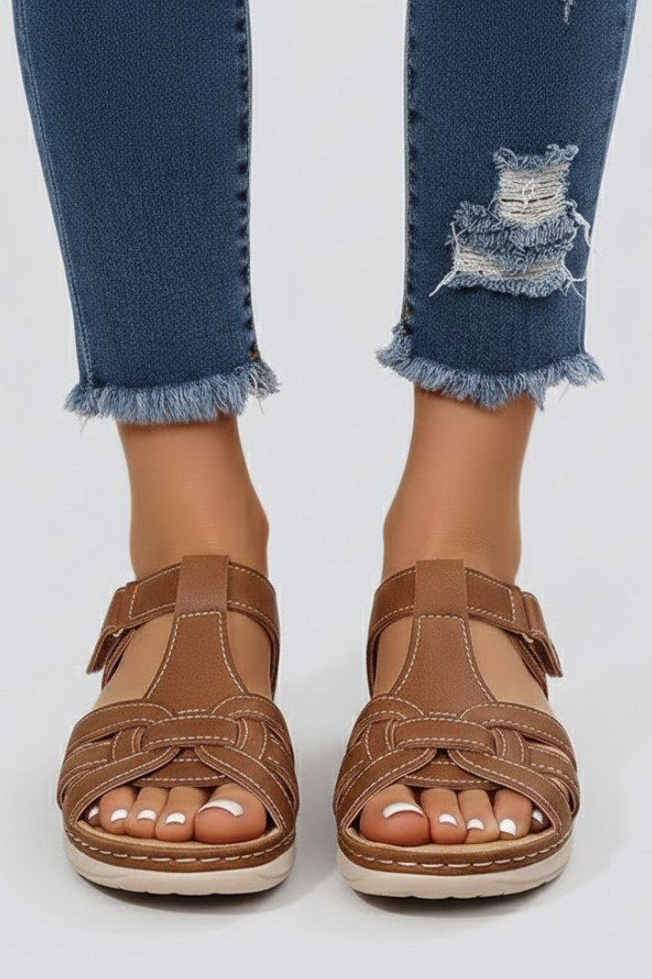 Damen Offene Riemchen-Sandalen mit Klettverschluss Flechtoptik - Brown