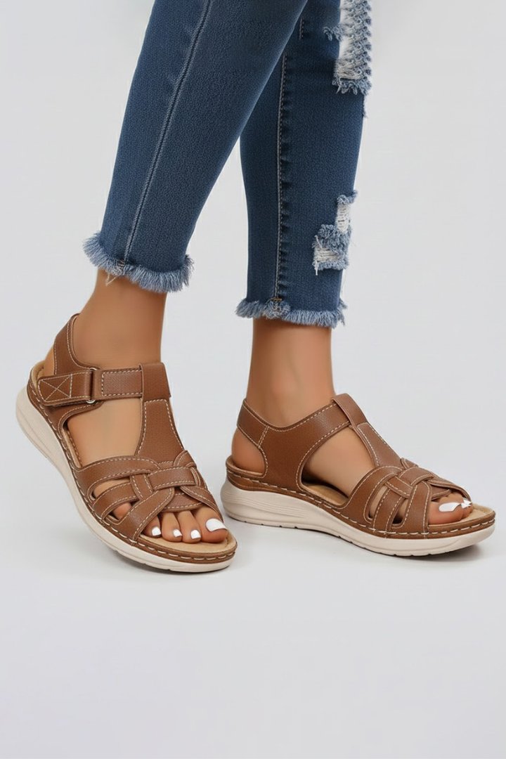 Damen Offene Riemchen-Sandalen mit Klettverschluss Flechtoptik