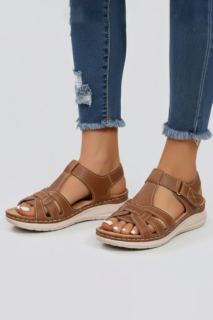 Damen Offene Riemchen-Sandalen mit Klettverschluss Flechtoptik