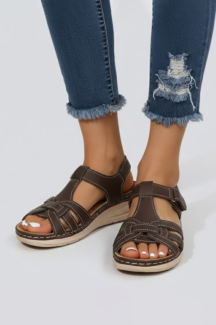 Damen Offene Riemchen-Sandalen mit Klettverschluss Flechtoptik - Dark Brown
